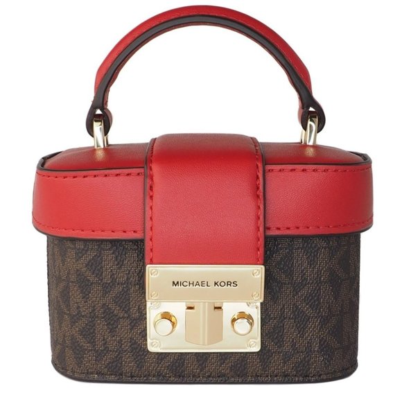 NEW MK Michael Kors Rose Mini Trunk Crossbody Brown & Red Leather Handbag NWT - Picture 1 of 8